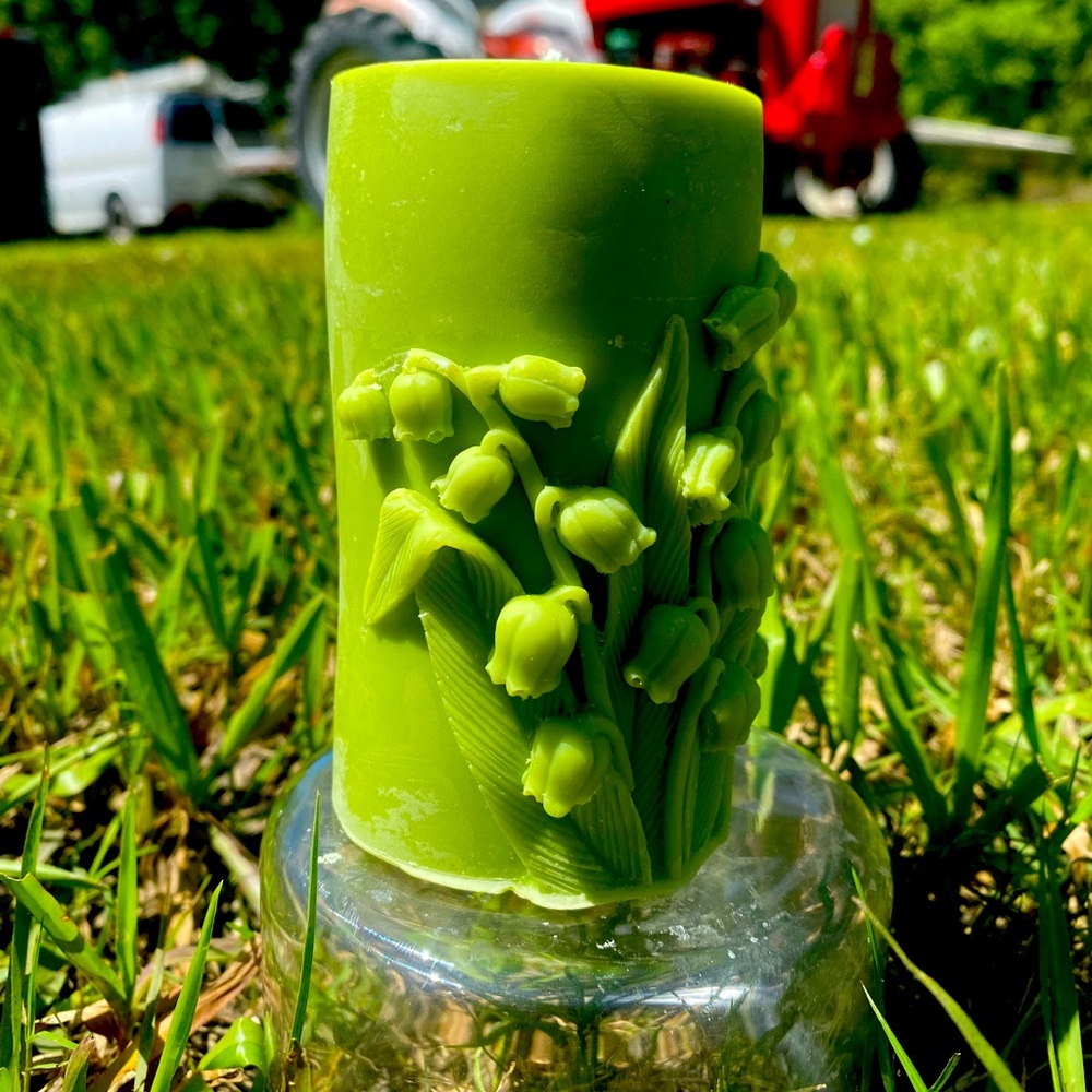 3 inch pillar candle Lilly of the valley design  balsm fir candle